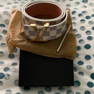Louis Vuitton White Damier Azur Canvas Belt with Gold LV Buckle SALE